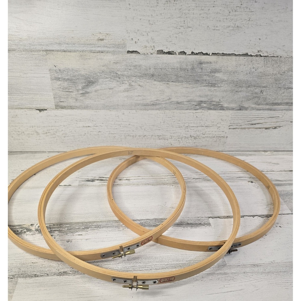 Lot of 3 Vintage 12 Inch Wooden Embroidery Hoops Round Needlework Frames Taiwan